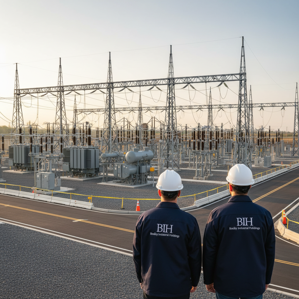 Engineer inspecting electrical utility substation equipment